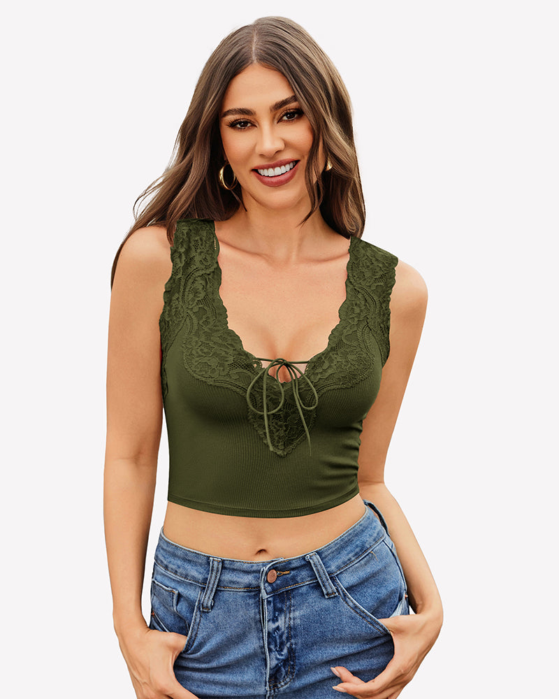 Army green plunge V-neck ribbed crop tank top with lace-trim cups and drawstring tie