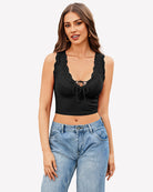 Black plunge V-neck ribbed crop tank top with lace-trim cups and drawstring tie