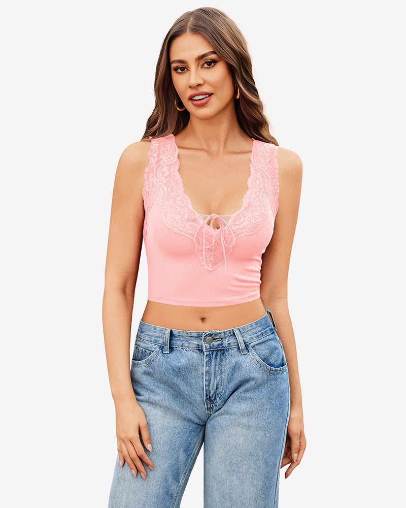 Pink plunge V-neck ribbed crop tank top with lace-trim cups and drawstring tie