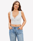 White plunge V-neck ribbed crop tank top with lace-trim cups and drawstring tie