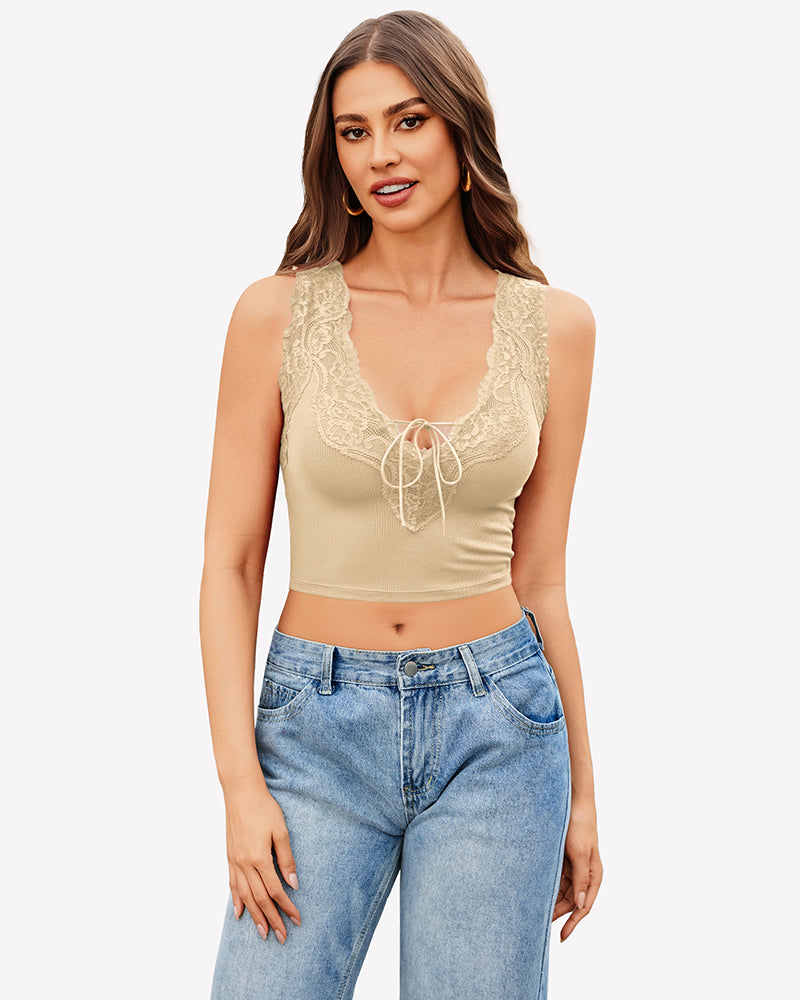 Nude plunge V-neck ribbed crop tank top with lace-trim cups and drawstring tie