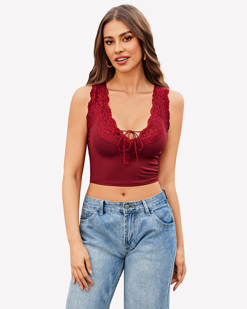 Wine red plunge crop tank top with ribbed knit, V-neck, lace trim and tie front