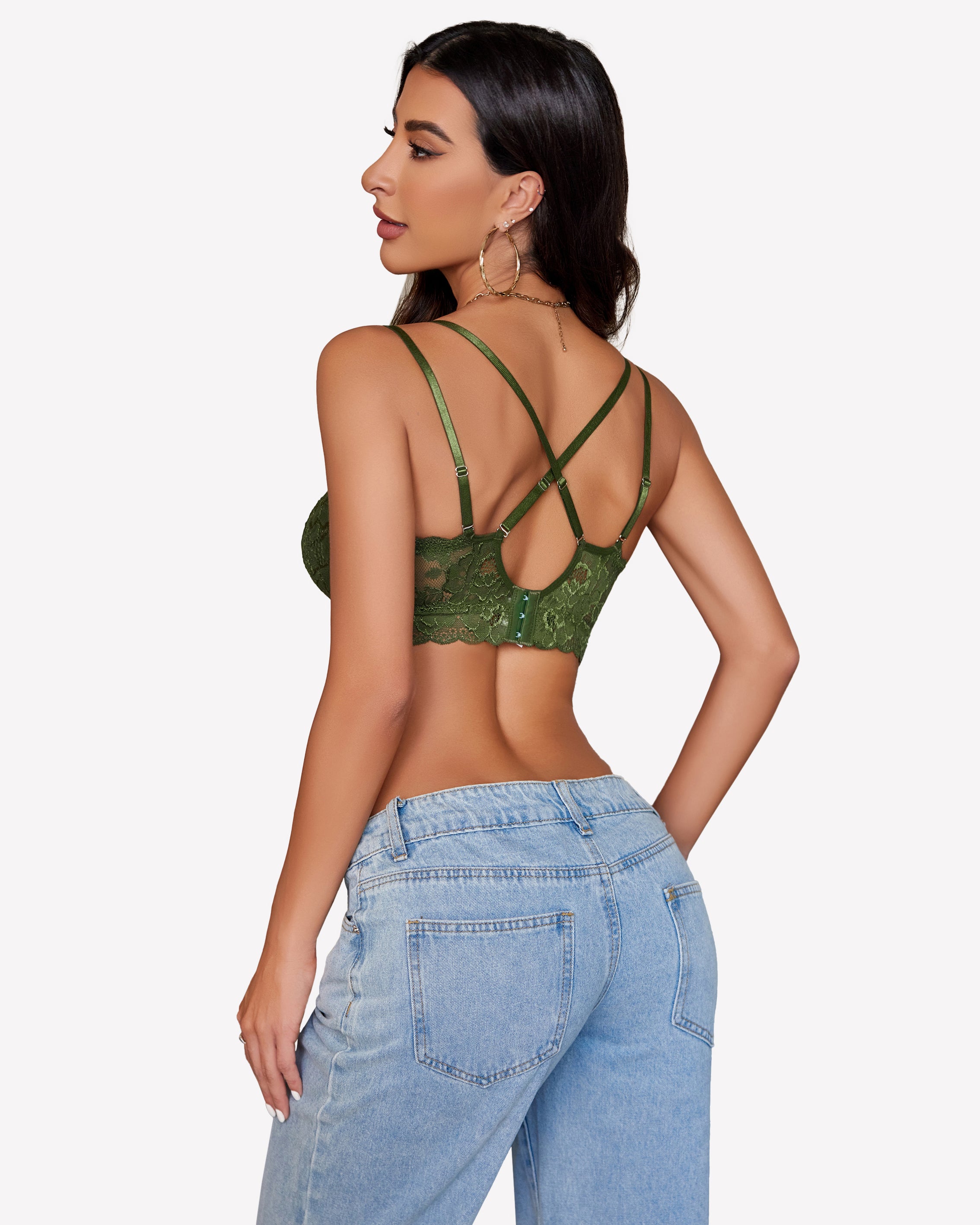 Back view floral lace bralette, olive green, crisscross straps and keyhole back