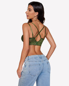 Back view floral lace bralette, olive green, crisscross straps and keyhole back