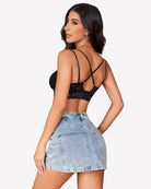 Back view floral lace bralette in black, crisscross straps and lace cups