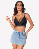 Floral lace bralette in black with deep V neckline, scalloped lace trim and straps