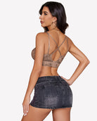 Back view floral lace bralette in taupe, crisscross straps and lace back