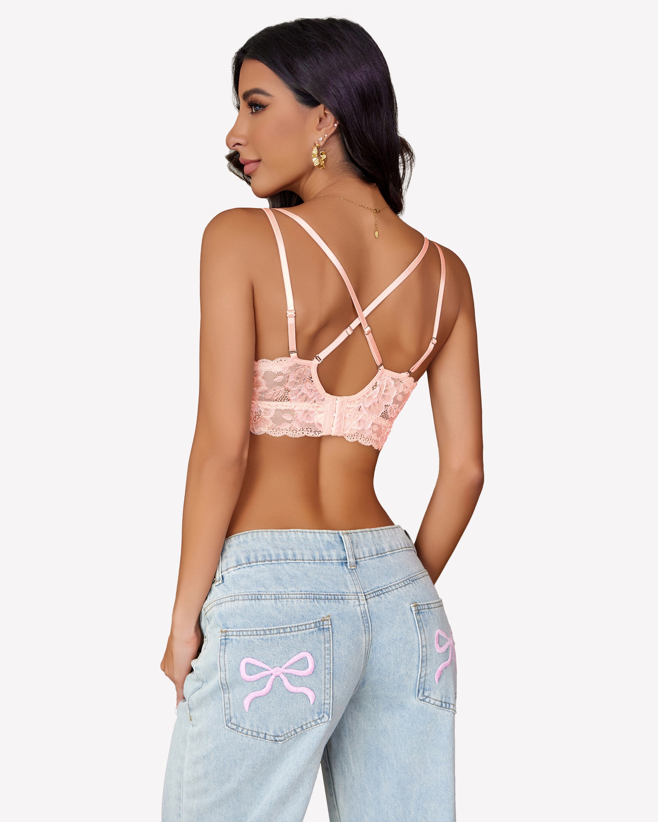 Back view floral lace bralette in blush pink, crisscross straps and lace back