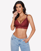 Wine red floral lace bralette with deep V neckline and scalloped lace edge