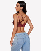 Wine red floral lace bralette with crisscross back straps and scalloped trim