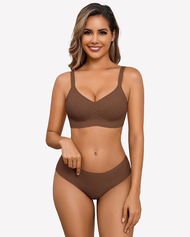 Deep brown lace wireless padded bra with seamless full-coverage cups and wide straps