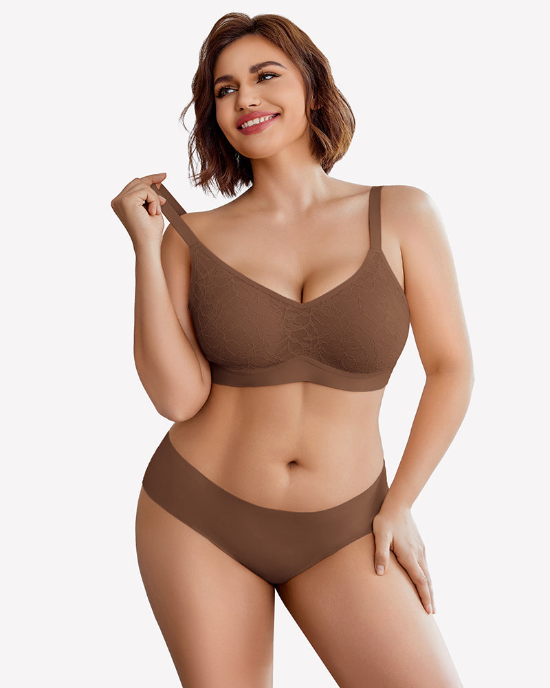 Brown lace wireless padded bra with seamless full-coverage cups and underwire-free straps