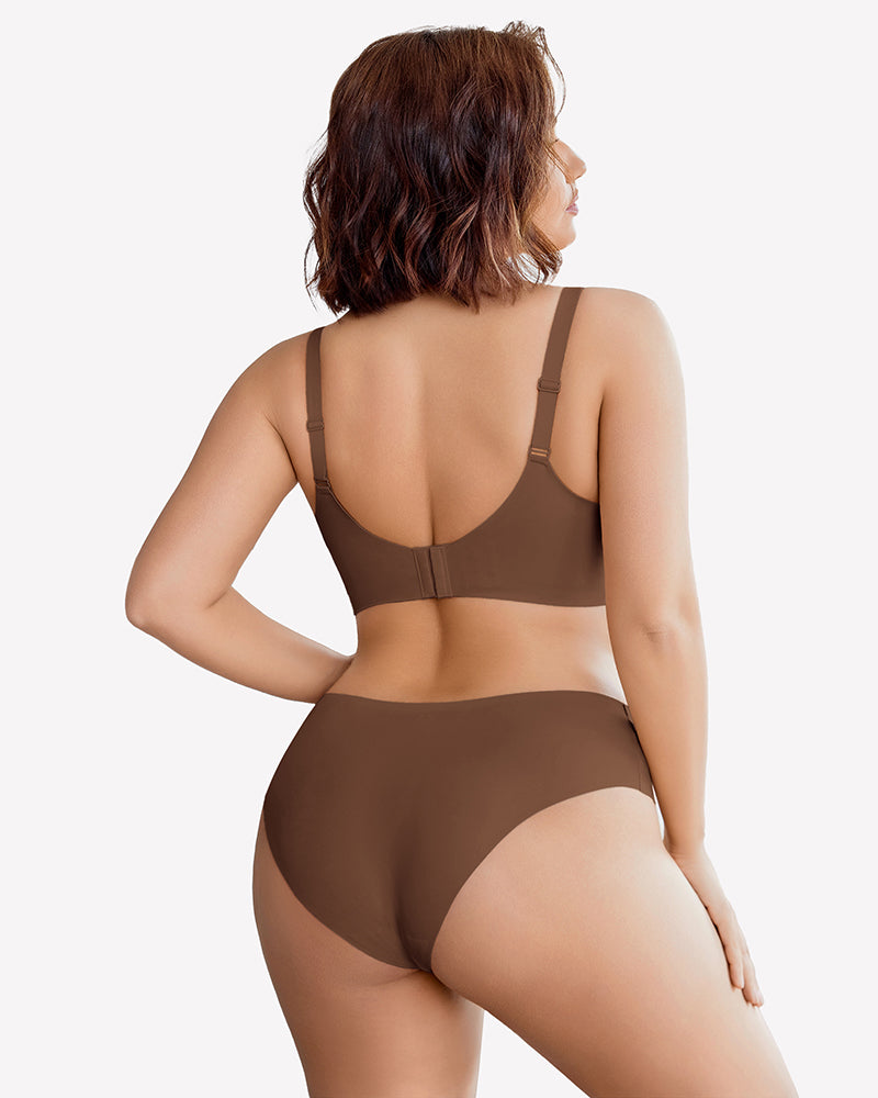 Brown lace wireless bra back view with seamless full-coverage cups and adjustable straps