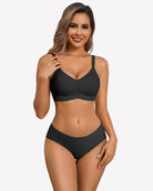 Black lace wireless padded bra with seamless full-coverage cups and V-neck front