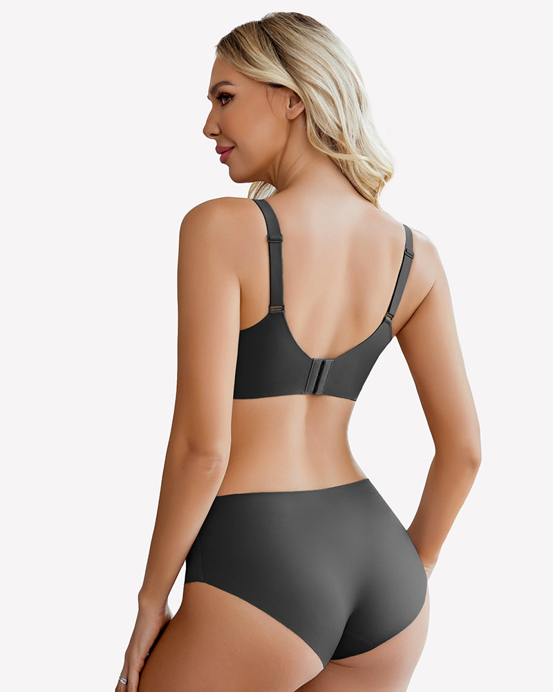 Black lace wireless bra back view with seamless full-coverage cups and adjustable straps