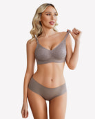 Light grey lace wireless padded bra with seamless full-coverage cups and adjustable straps