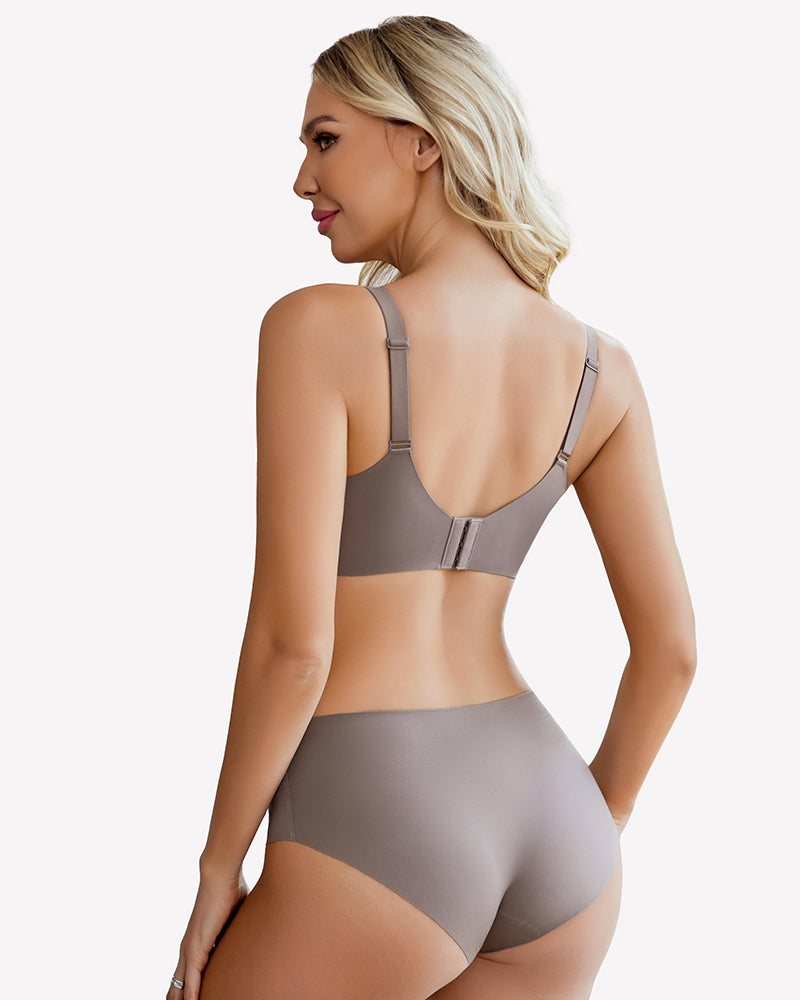 Medium grey lace wireless bra back view with seamless full-coverage cups and adjustable straps