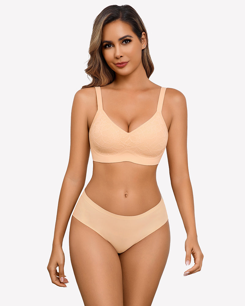 Nude lace wireless padded seamless bra with V-neck and adjustable straps.