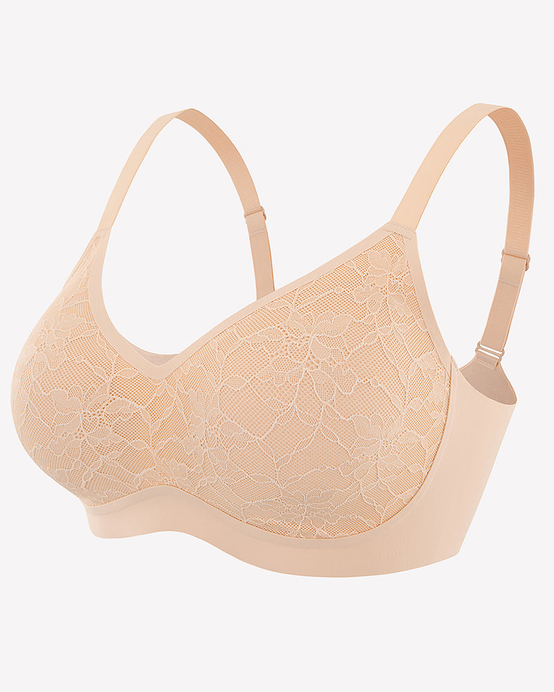 Nude lace wireless padded seamless bra, adjustable straps, full-coverage cups.