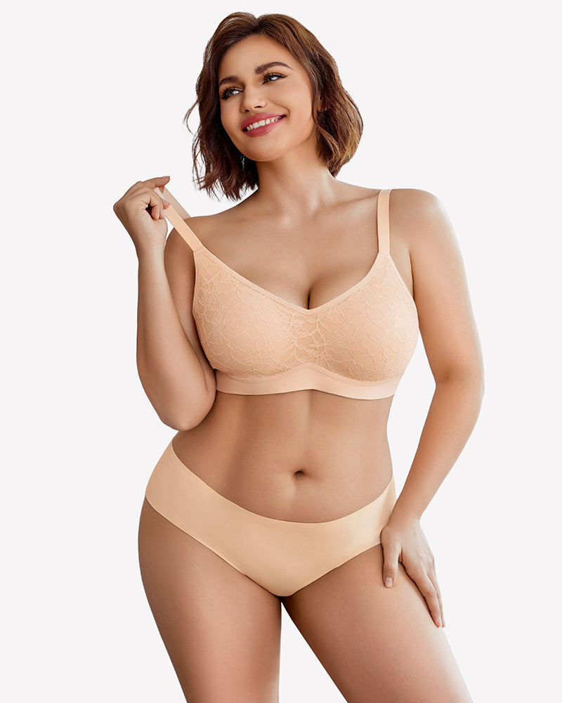 Nude lace wireless padded seamless bra, underwire-free cups, adjustable straps.