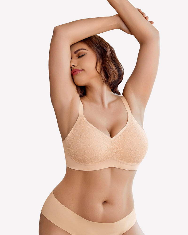 Nude lace wireless padded bra with seamless full-coverage cups and V-neck