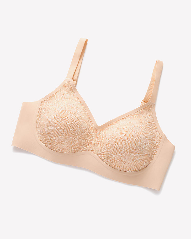 Nude lace wireless padded seamless bra, plunge neckline, adjustable shoulder straps.