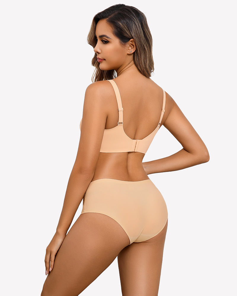 Nude lace wireless padded seamless bra from side, adjustable straps and seamless band.
