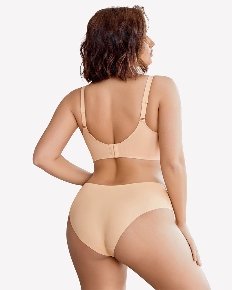 Nude lace wireless padded seamless bra from back view, adjustable straps.