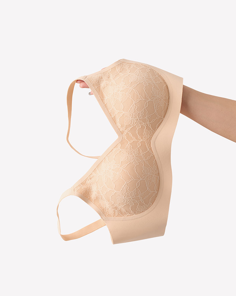 Nude lace wireless padded seamless bra, lace overlay cups and wide smooth band.