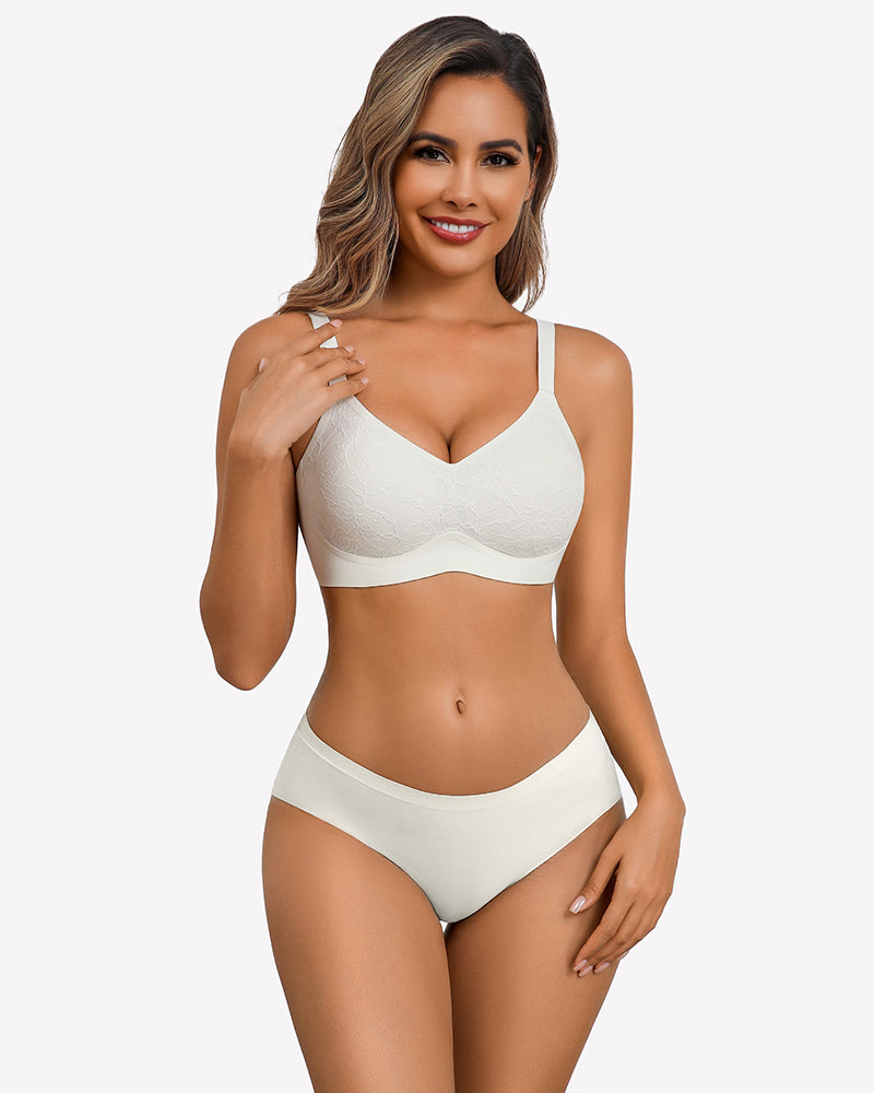 White lace wireless padded seamless bra with adjustable straps, full-coverage cups.