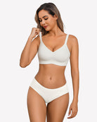 White lace wireless padded seamless bra, V-neck design, adjustable straps.