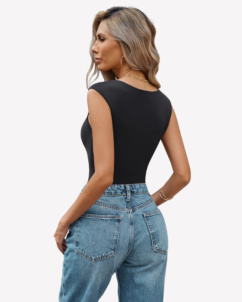 Seamless tank thong bodysuit, black sleeveless back view