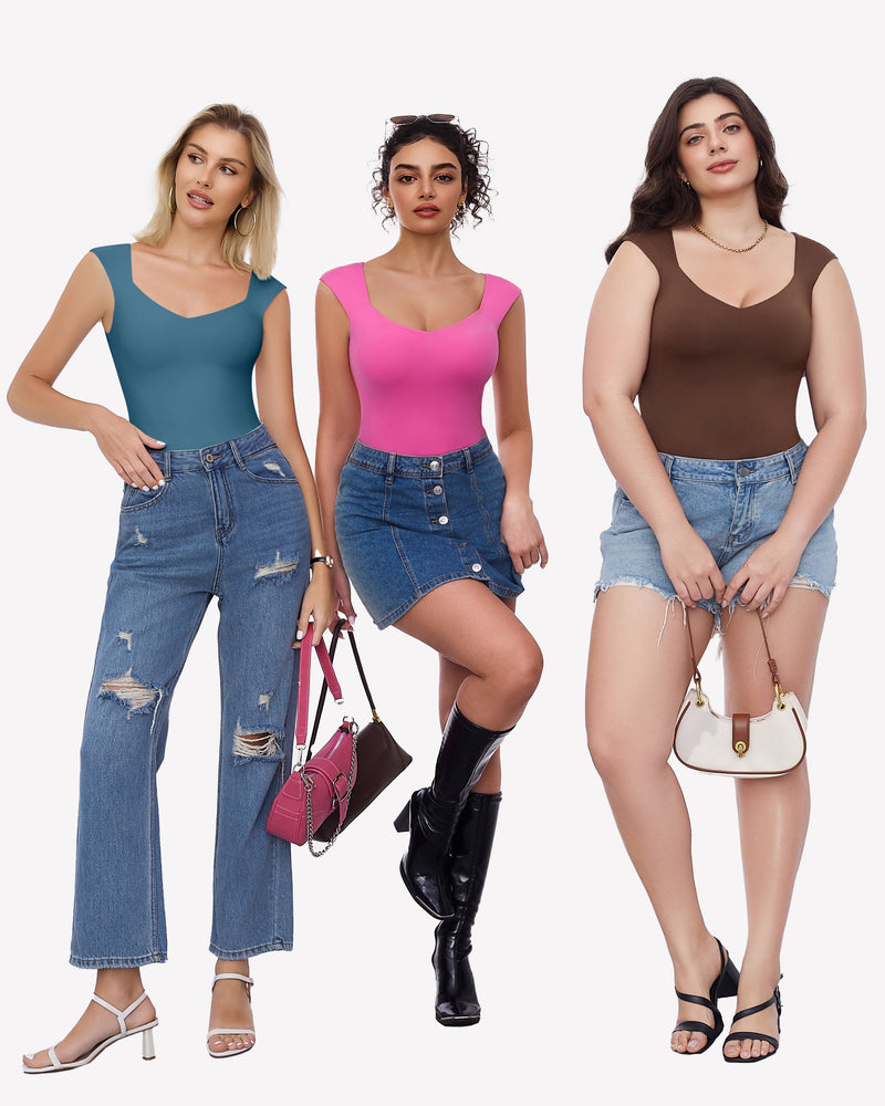 Seamless tank thong bodysuit, light blue, pink, and brown sleeveless styles