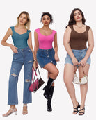 Seamless tank thong bodysuit, light blue, pink, and brown sleeveless styles