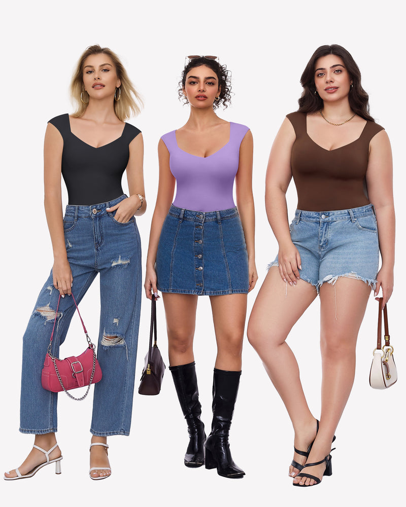 Seamless tank thong bodysuit, black, lilac, and brown V-neck