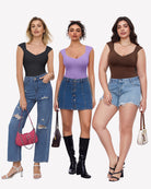 Seamless tank thong bodysuit, black, lilac, and brown V-neck