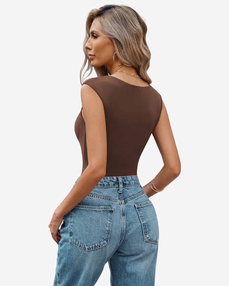 Seamless tank thong bodysuit, brown sleeveless back view