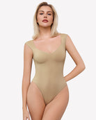 Seamless tank thong bodysuit, nude beige V-neck with thong bottom