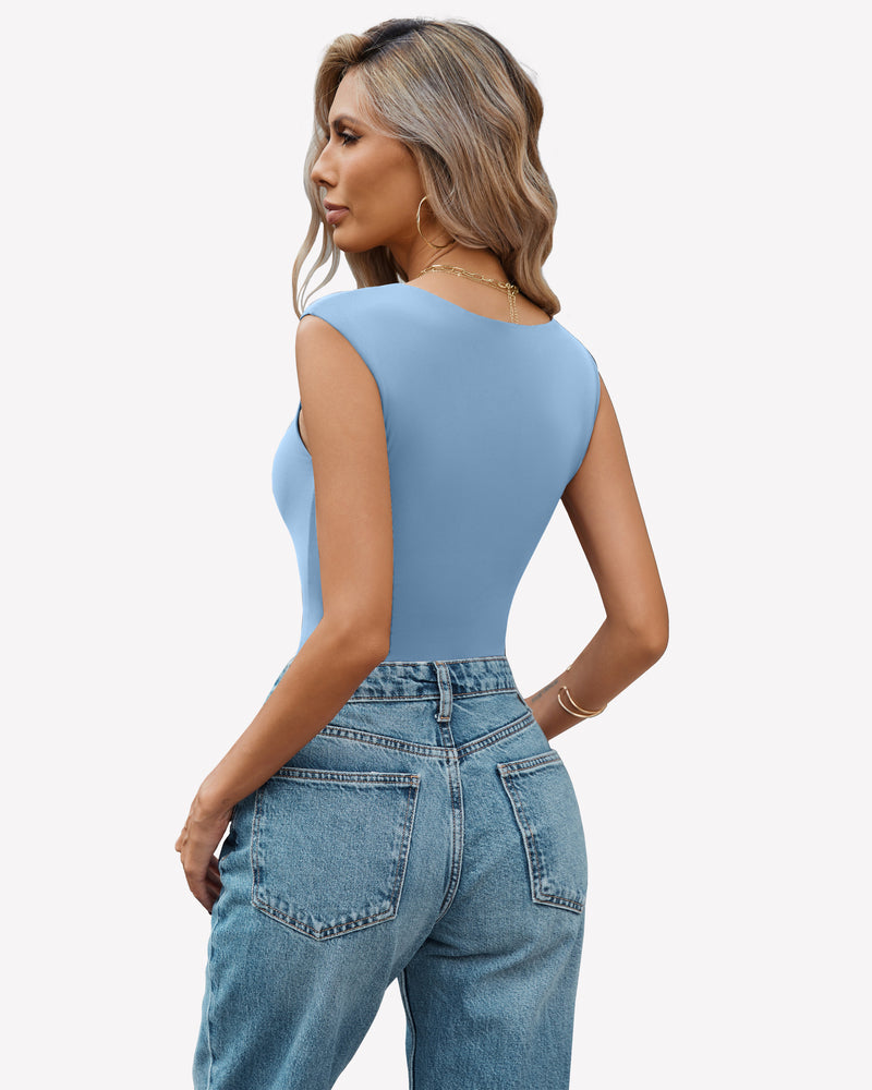 Seamless tank thong bodysuit, light blue sleeveless back view