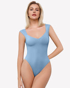 Light blue seamless tank thong bodysuit with V-neck and scoop leg cut