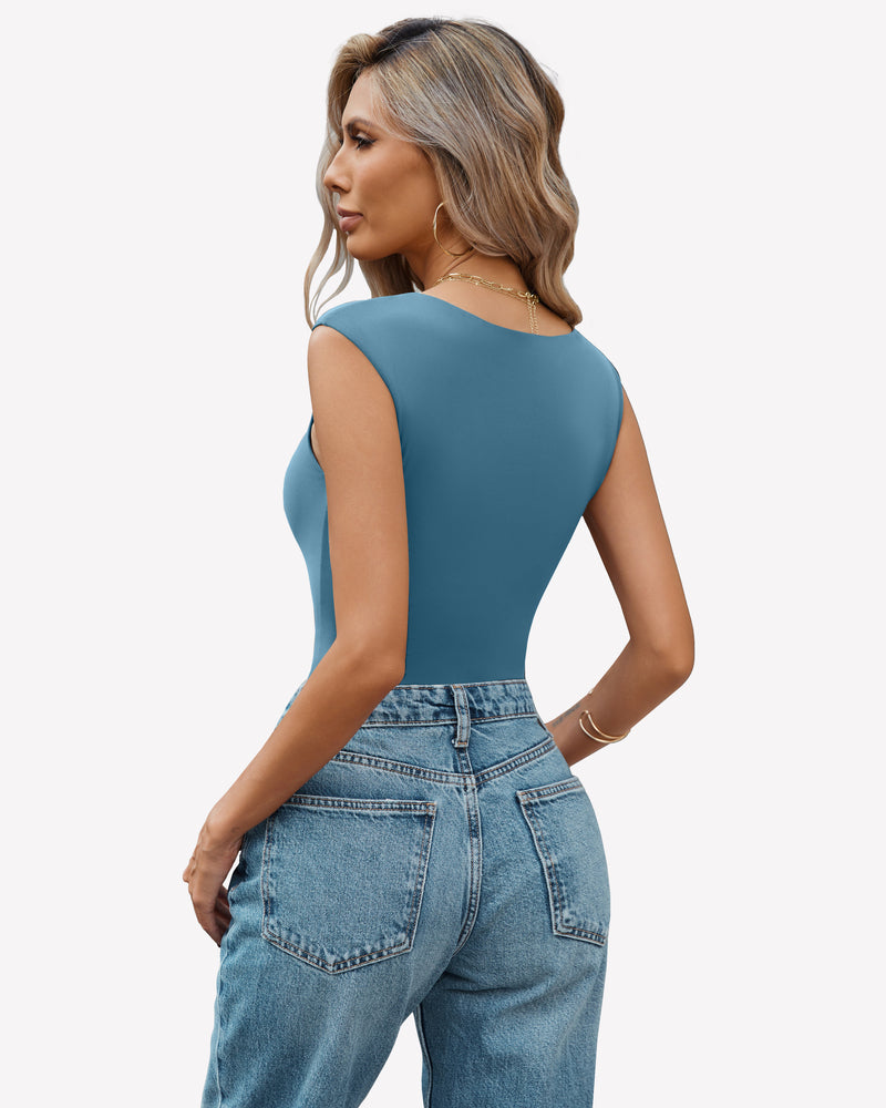 Light blue seamless tank thong bodysuit, sleeveless scoop back style