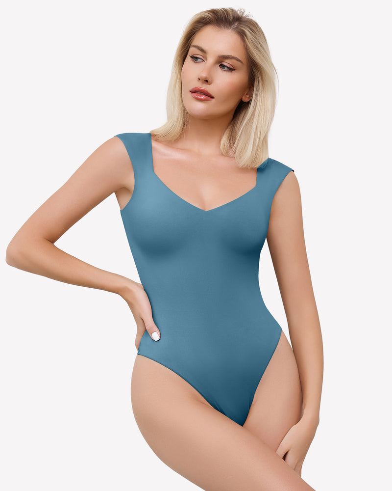 Light blue seamless tank thong bodysuit with V-neck front and cheeky cut