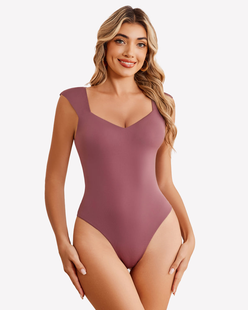 Deep purple seamless tank thong bodysuit with V-neck and high-leg cut