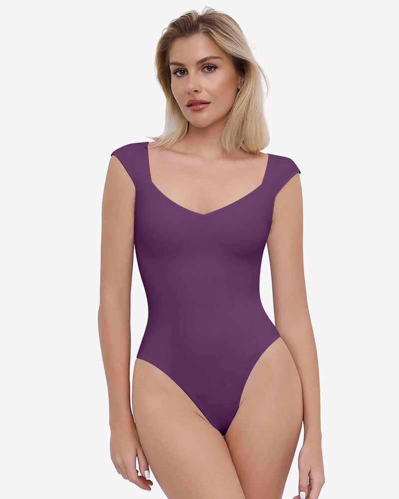 Purple seamless tank thong bodysuit with V-neck front and cheeky leg cut