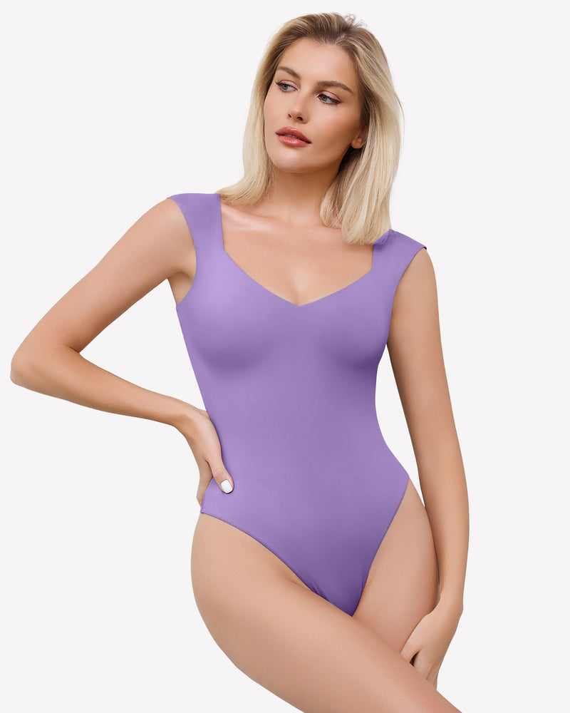 Lilac seamless tank thong bodysuit with V-neck and high-leg cut