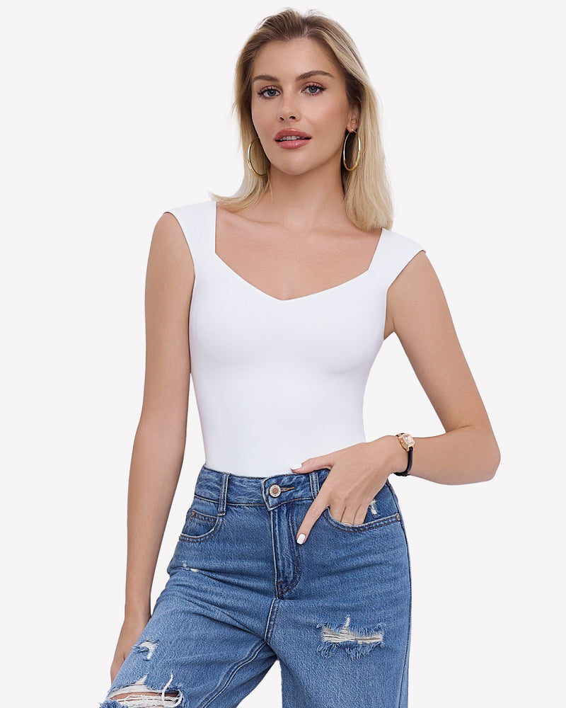 White seamless tank thong bodysuit with V-neck and scooped leg cut