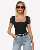 Black square-neck mesh bodysuit with short sleeves, fitted double-layer design.