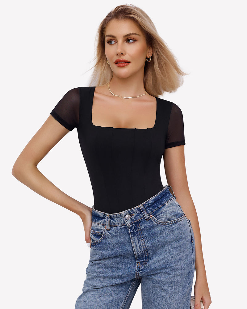 Black square-neck mesh bodysuit with short sleeves, worn with denim jeans.