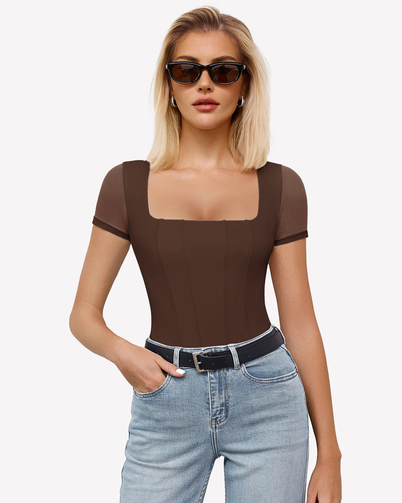 Dark brown square-neck mesh bodysuit with short sleeves, worn with denim jeans.