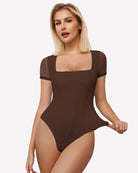 Brown square-neck mesh bodysuit with short sleeves, fitted double-layer design.